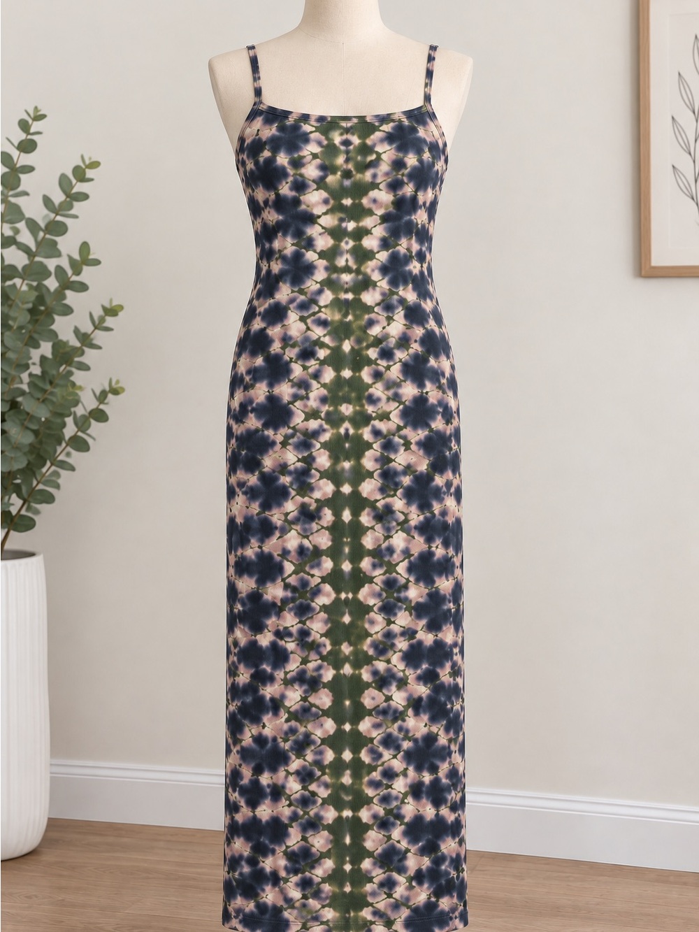 Tie-Dye Spaghetti Strap Maxi Dress in Navy, Olive & Pink M-L